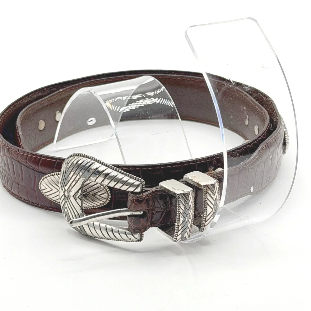 Fossil Brown‎ Croc Embossed Leather Belt Size 38 Silver Enraved Westerncore